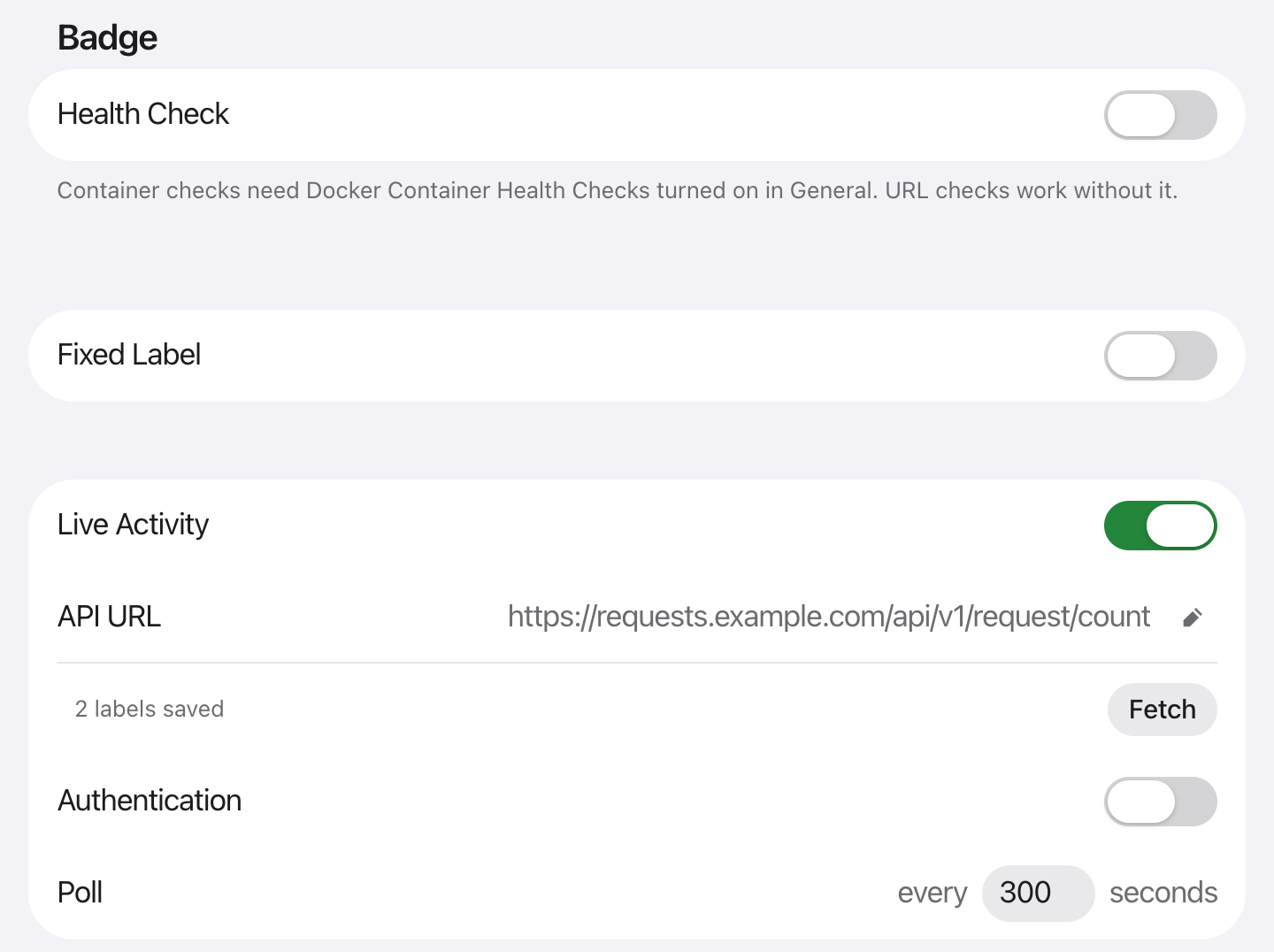 The Badge section of an app: Health Check, Fixed Label and Live Activity